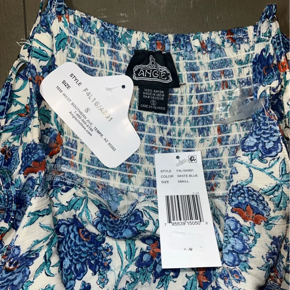 Angie White Blue Floral Sundress Asymmetrical Ruffled Ladies Small NWT